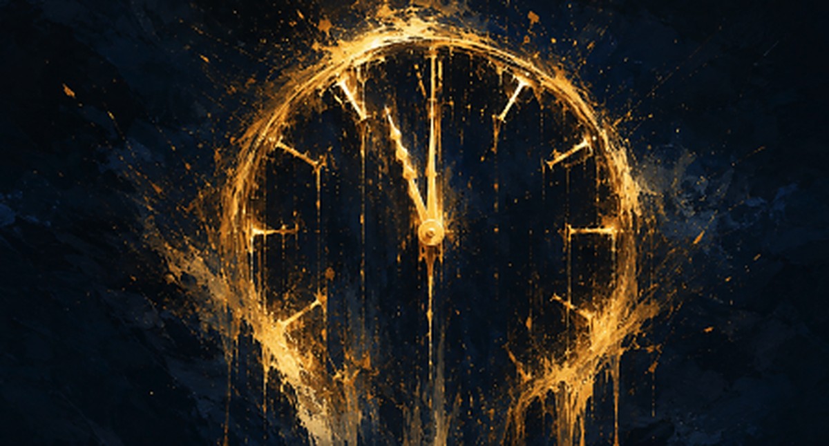 Abstract illustration of a clock face made of melting golden light, its hands racing toward the top