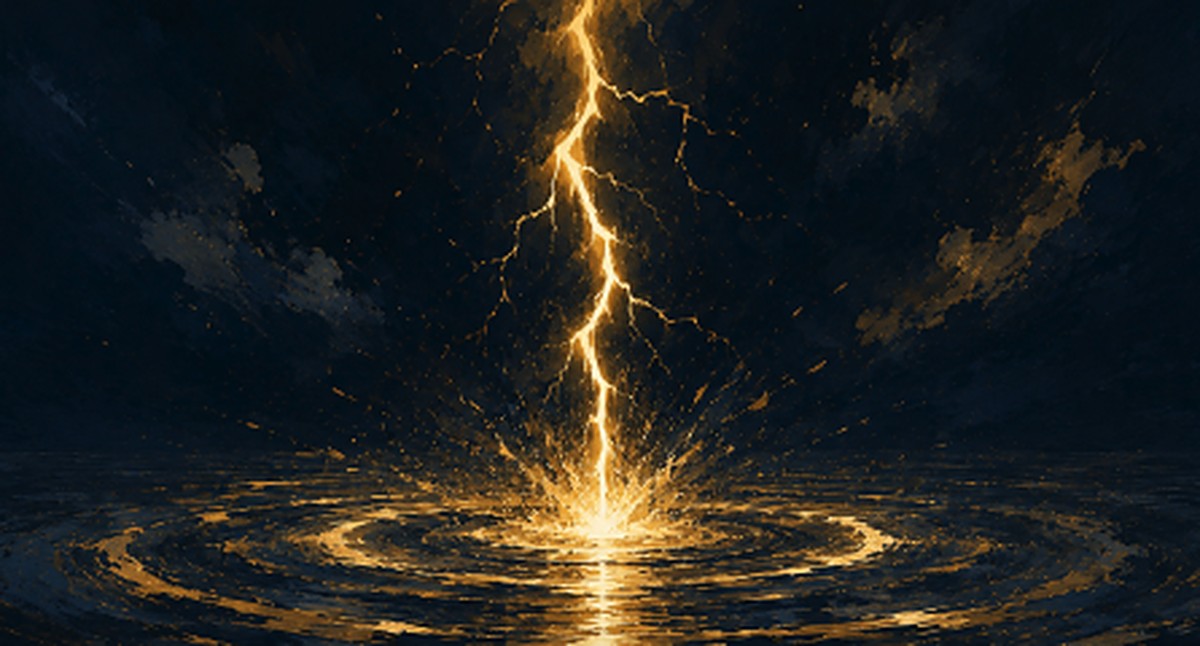Abstract illustration of a bolt of gold lightning striking a calm dark ocean and sending out golden shockwave ripples