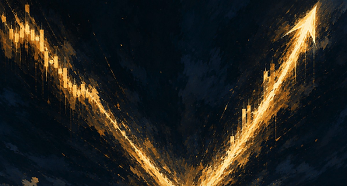 Abstract illustration of a sharp V-shaped path of streaking gold light, plunging down and violently snapping back upward
