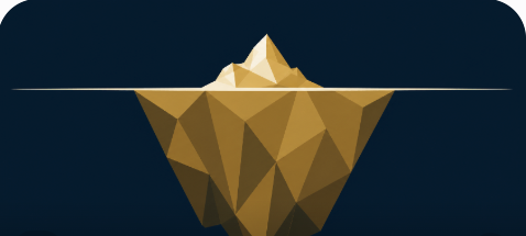 Illustration of an iceberg with a small peak visible above the waterline and a much larger mass hidden beneath the surface.