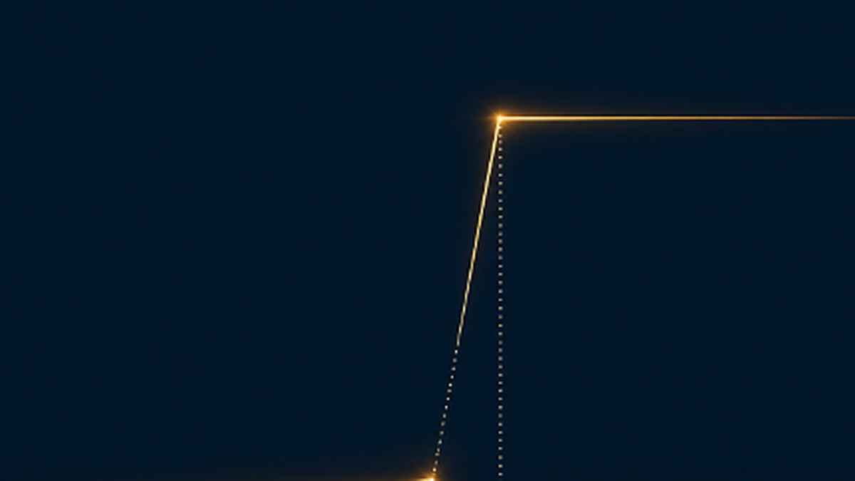 Abstract illustration of a glowing gold line making a sharp vertical jump upward, leaving a dark gap beneath it