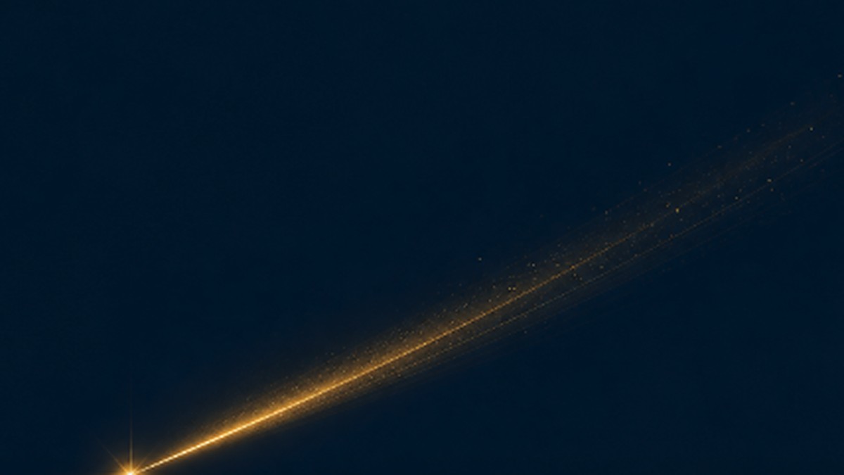 Abstract illustration of a single bright point of light leaving a long, slowly fading trail drifting across a dark background