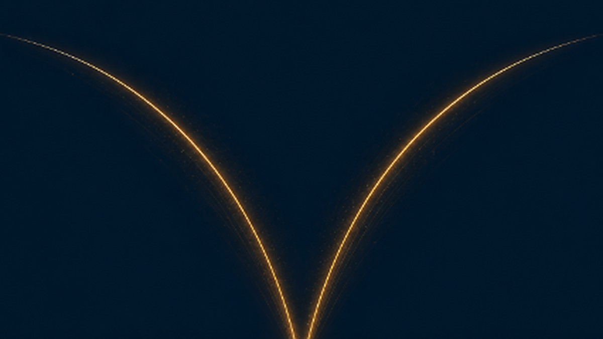 Abstract illustration of a single point of gold light splitting into two symmetrical diverging trails