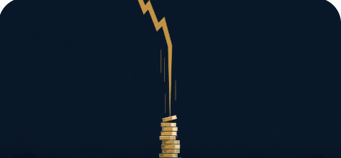 Illustration of a falling price line plunging downward onto a stack of coins that keeps growing taller with each addition, representing averaging down into a falling price.