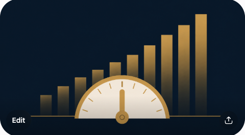 Illustration of a sizing gauge stuck at a fixed notch while an account-balance bar chart behind it keeps growing.