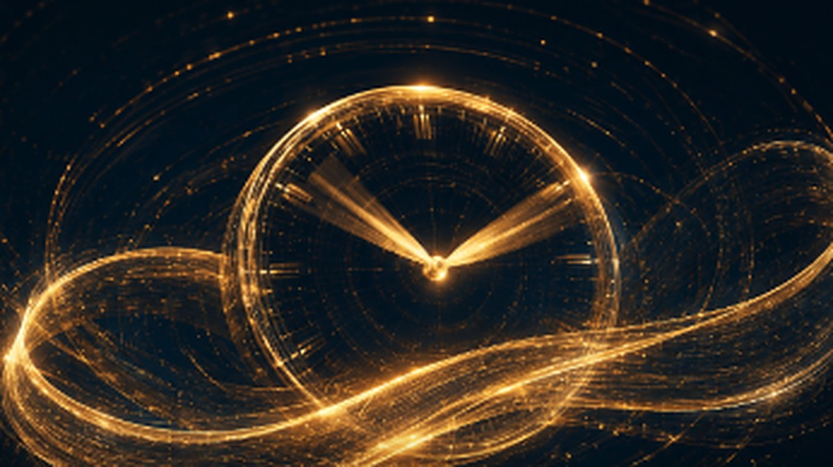 Abstract illustration of a glowing golden 24-hour clock face wrapped in a ribbon of light