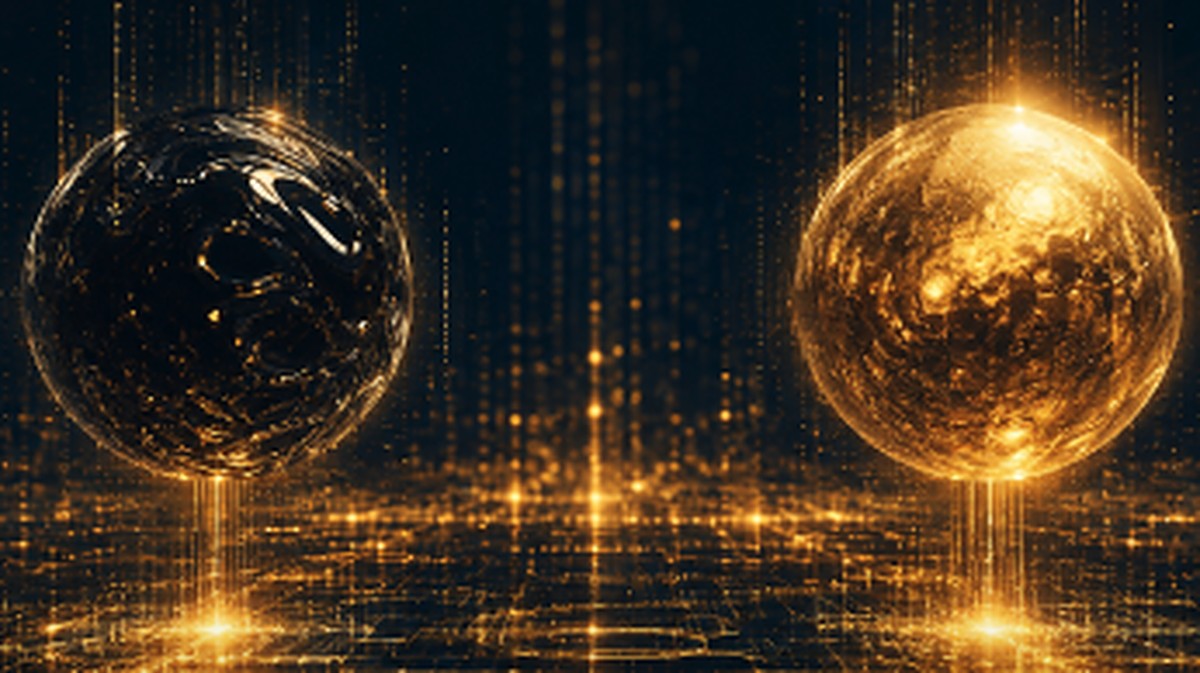 Abstract illustration of two glowing golden orbs, one dark and viscous, one bright and metallic