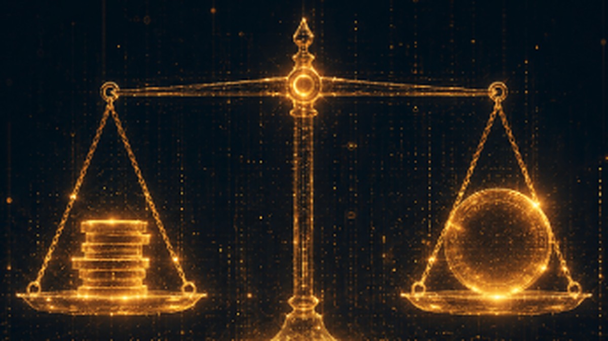 Abstract illustration of a glowing golden balance scale weighing a small stack of coins against a single large coin