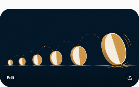 Illustration of a winning streak of coins growing larger with each bounce until the final, oversized one topples off balance.
