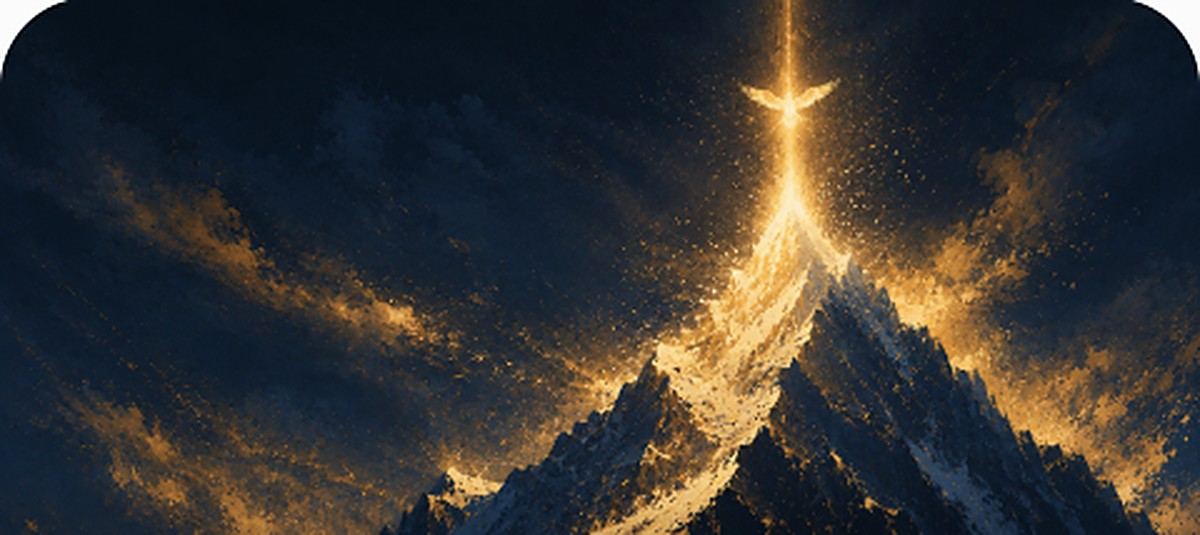 Abstract illustration of a snow-capped mountain peak glowing in golden light