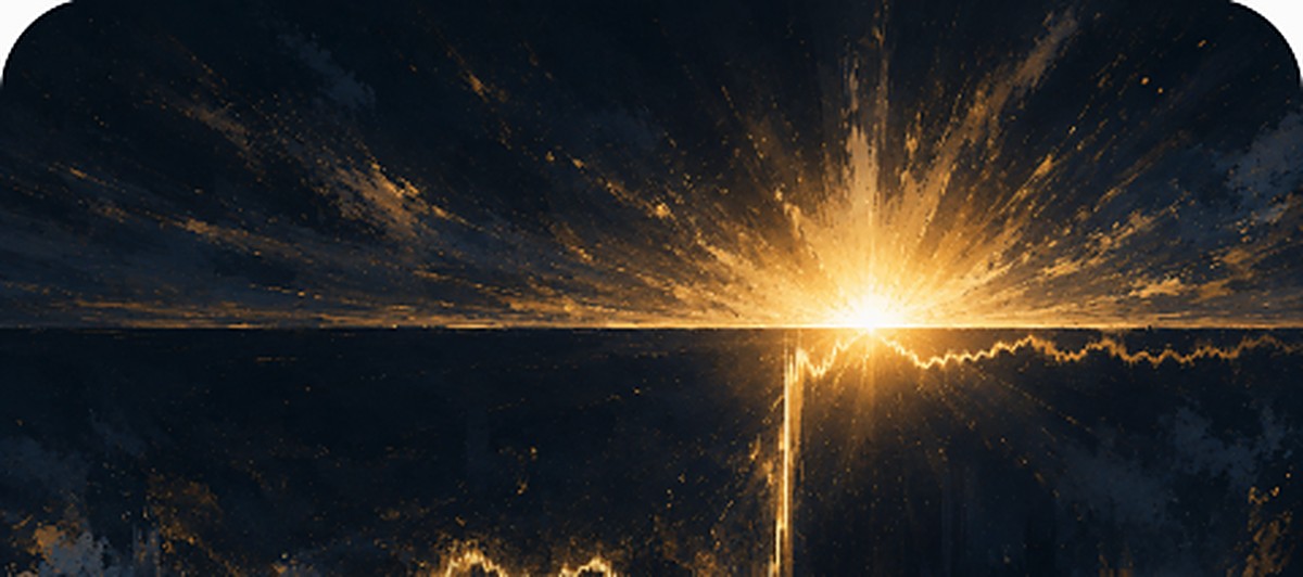 Abstract illustration of a sunrise burst breaking over a dark horizon with a gapping price line