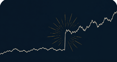 Illustration of a calm price line suddenly breaking to a new level overnight, with a burst radiating from the gap.