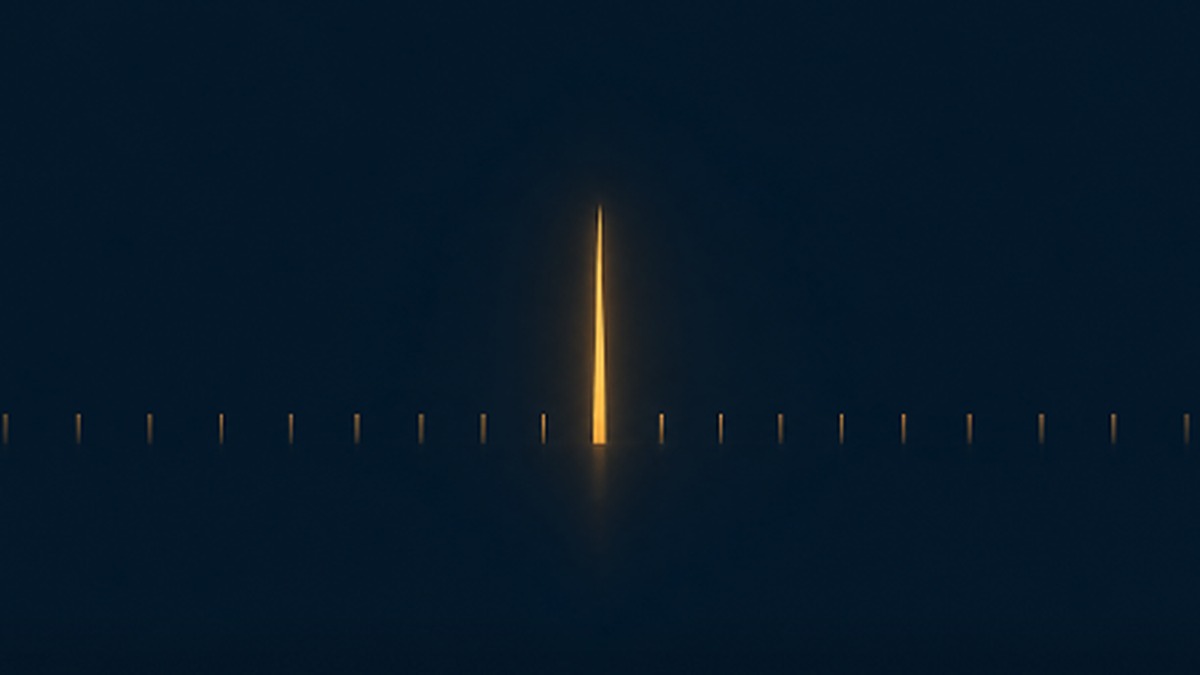 Abstract illustration of a row of small faint gold tick marks with one tick rendered taller and brighter than the rest, marking a single scheduled release