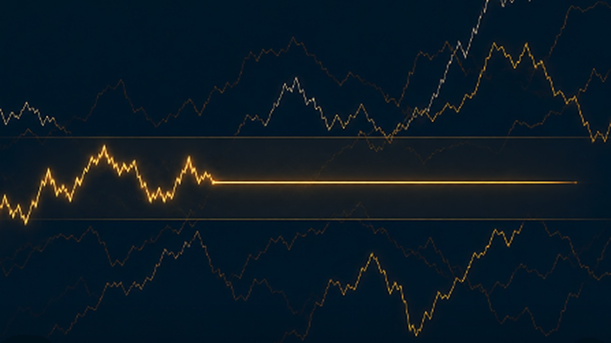 Abstract illustration of one jagged gold line freezing flat inside a translucent band while other chaotic lines keep moving outside it