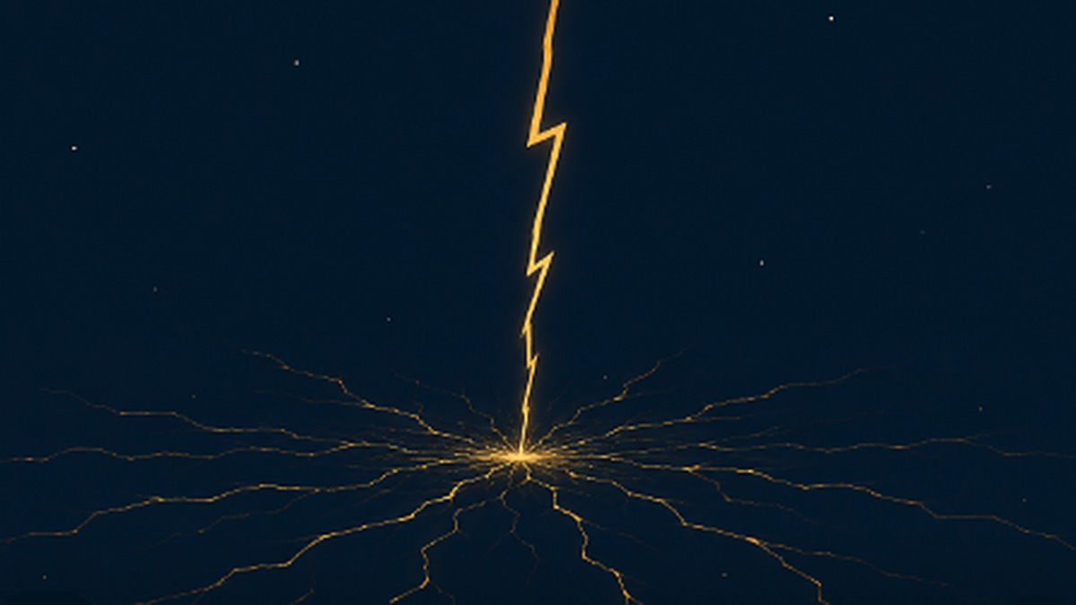 Abstract illustration of a bolt of gold light striking down and hitting a single point, cracked ripples of light spreading outward across a navy field