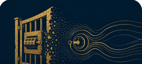 Illustration of an old rigid barred gate with a fixed mechanical counter cracking apart into particles, flowing into a fluid modern adaptive dial.