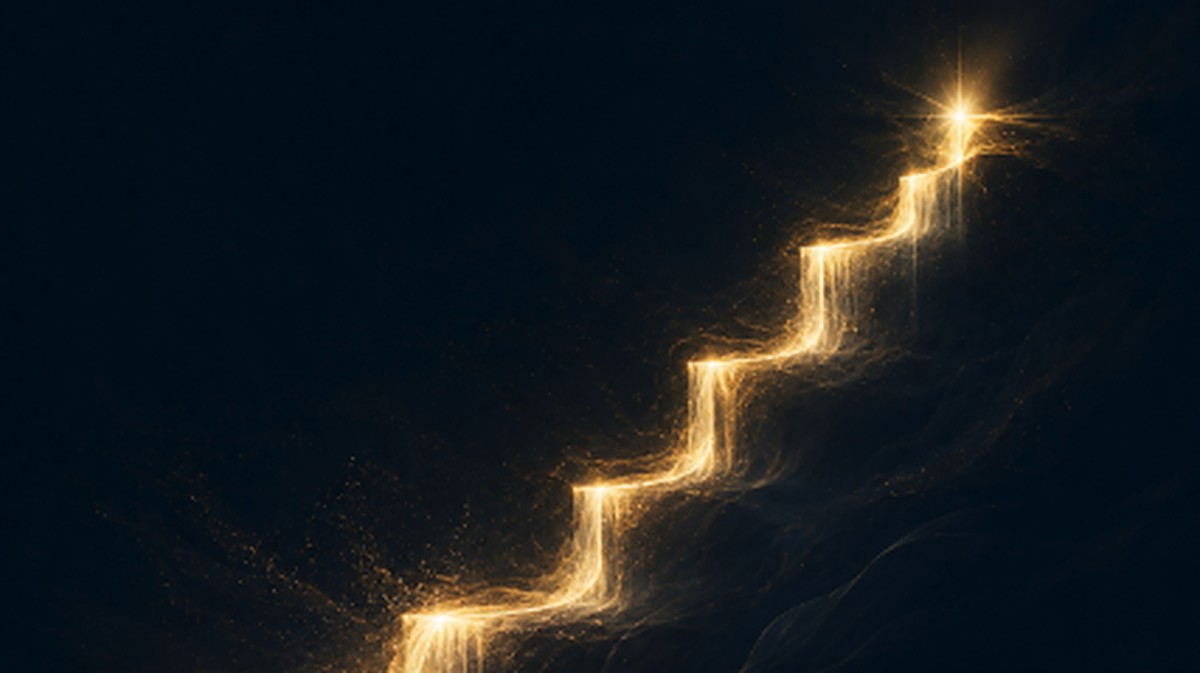 Abstract illustration of a glowing golden ribbon of light climbing upward in steps and holding its highest position