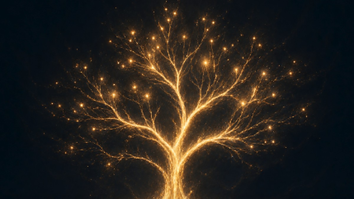 Abstract illustration of a glowing golden tree with branching limbs of light multiplying outward