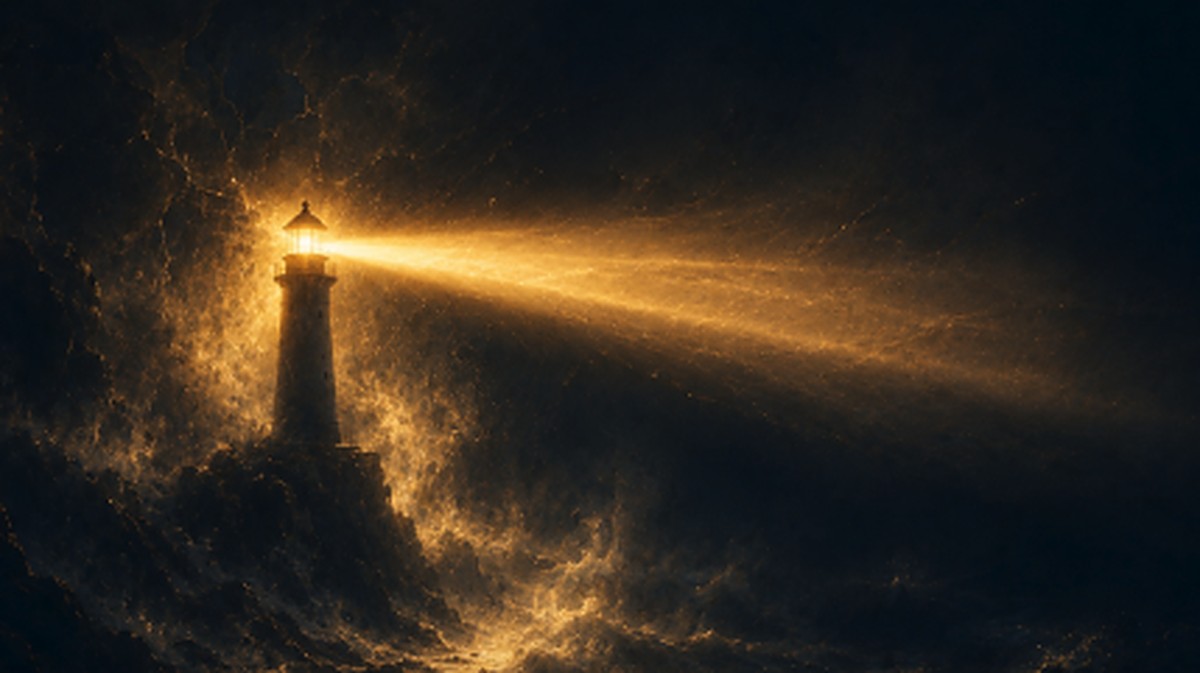 Abstract illustration of a glowing golden lighthouse beacon cutting through fog and turbulent water