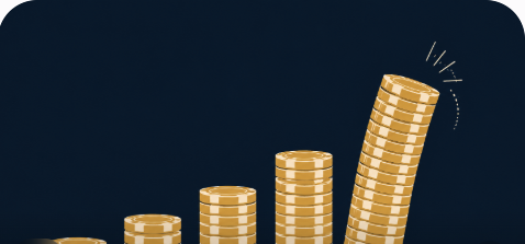 Illustration of a row of coin stacks each roughly double the height of the last, with the tallest stack beginning to tip past its balance point, representing escalating size after a loss.