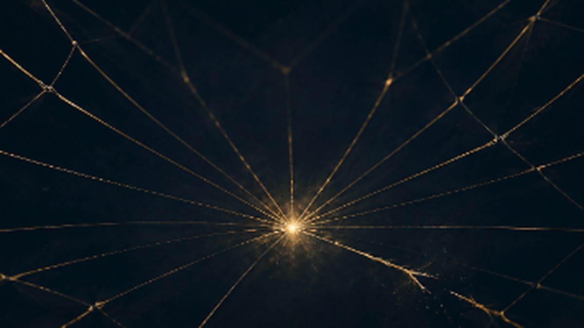 Abstract illustration of a web of thin golden threads converging on a single bright point, one strand cracked