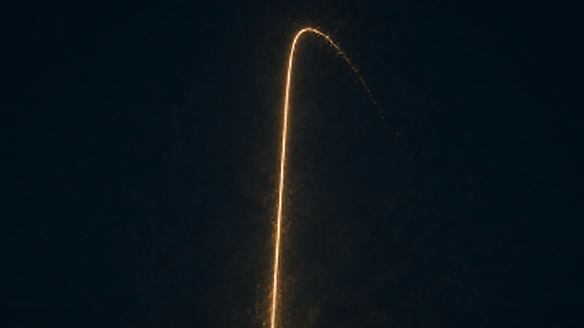 Abstract illustration of a golden line rocketing almost straight up before the tip curls over and fades