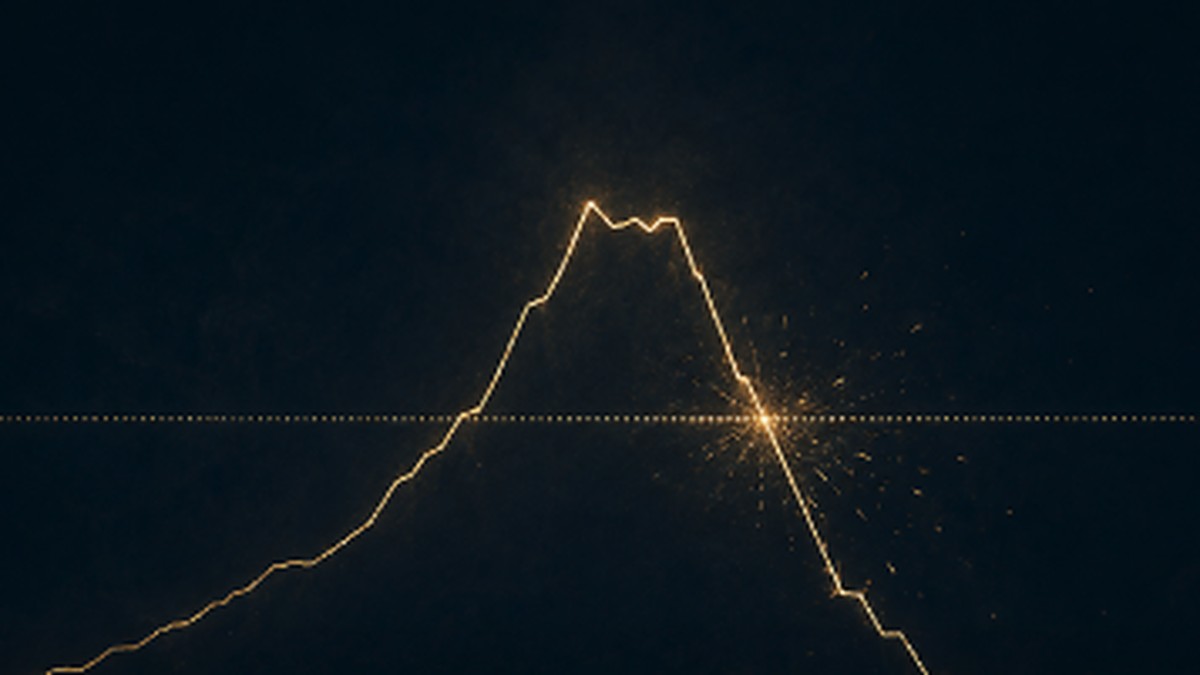 Abstract illustration of a golden price line breaking through a dotted threshold line then snapping back down hard