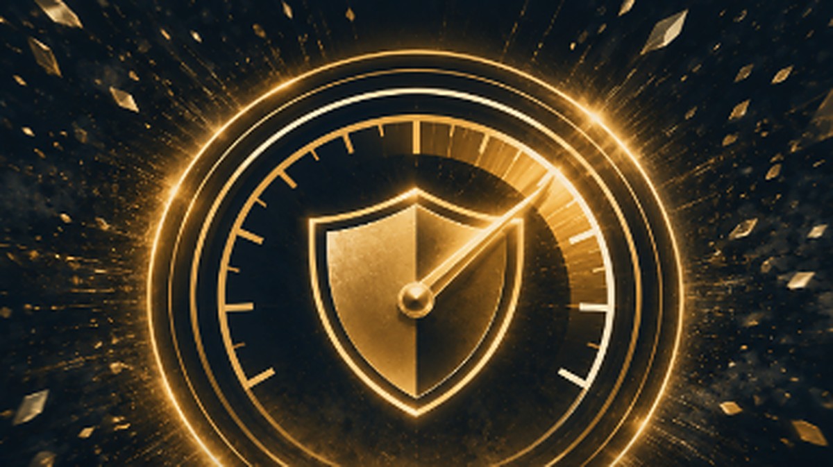 Abstract illustration of a glowing gold shield and gauge representing protective risk management