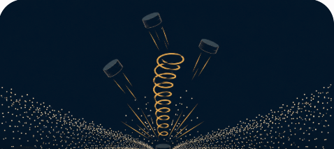 Illustration of a coiled spring compressed by small weights, snapping upward as the weights fly off and particles converge and scatter outward.