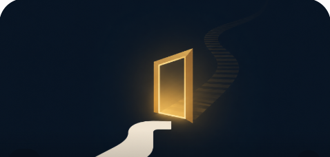 Illustration of a path stopping just short of a lit doorway while a faint ghosted trail continues on past it.