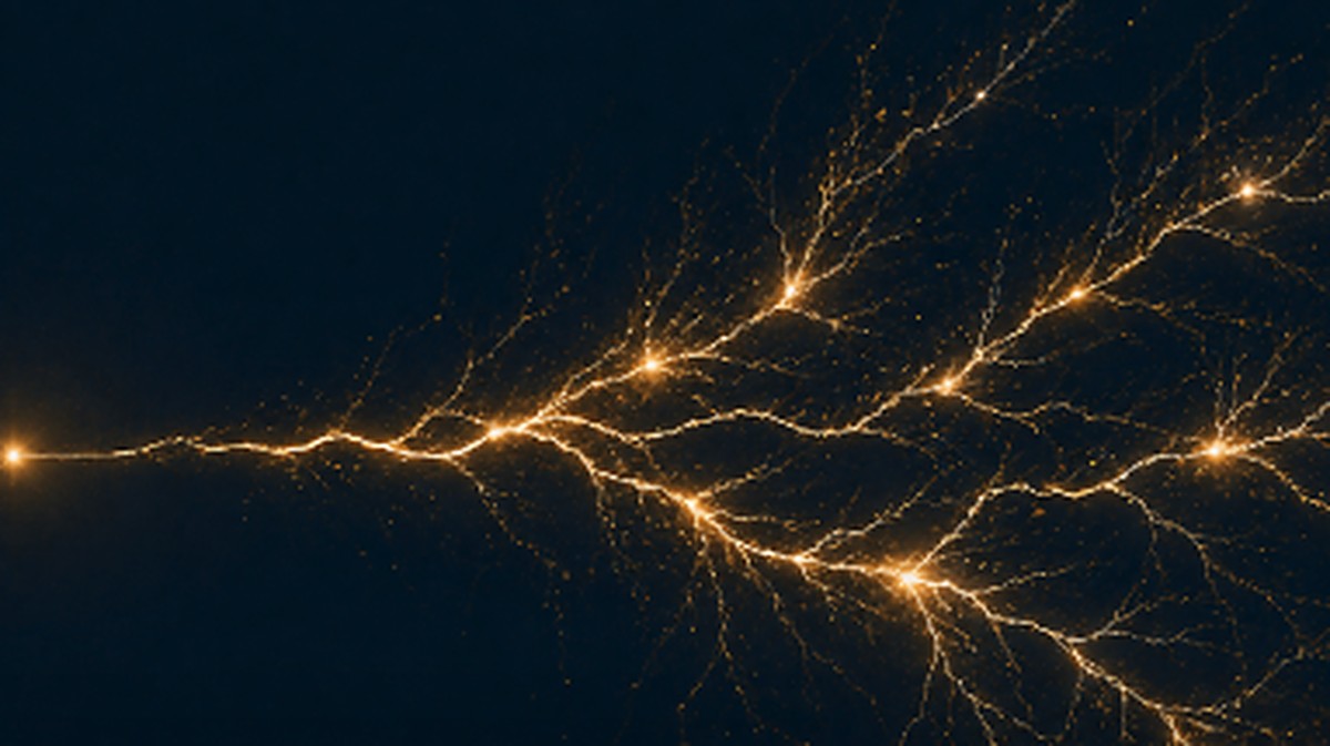 Abstract illustration of a single spark igniting a branching chain reaction of light