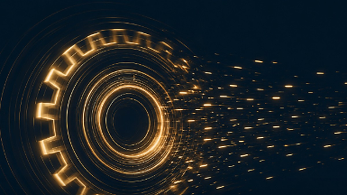 Abstract illustration of a spinning gold gear flinging off glowing particles