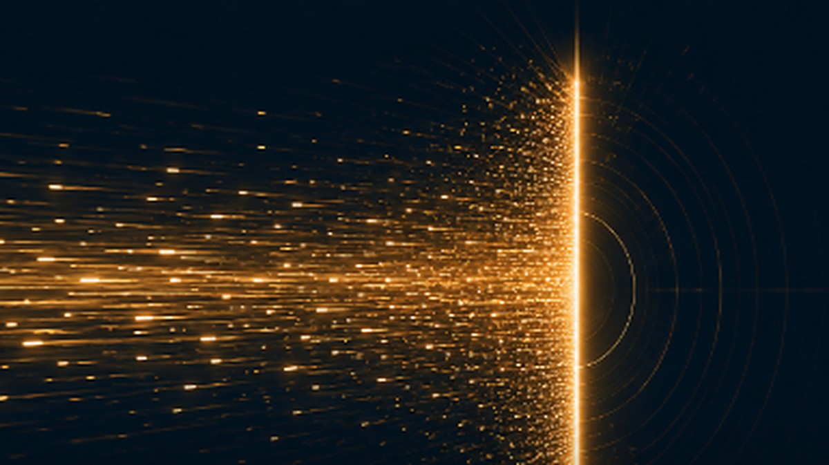 Abstract illustration of a glowing gold barrier freezing a fast-moving stream of light particles