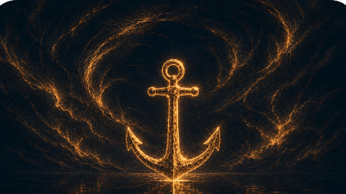 Abstract illustration of a single gold anchor standing motionless on a calm dark sea while a storm of light churns in the distance