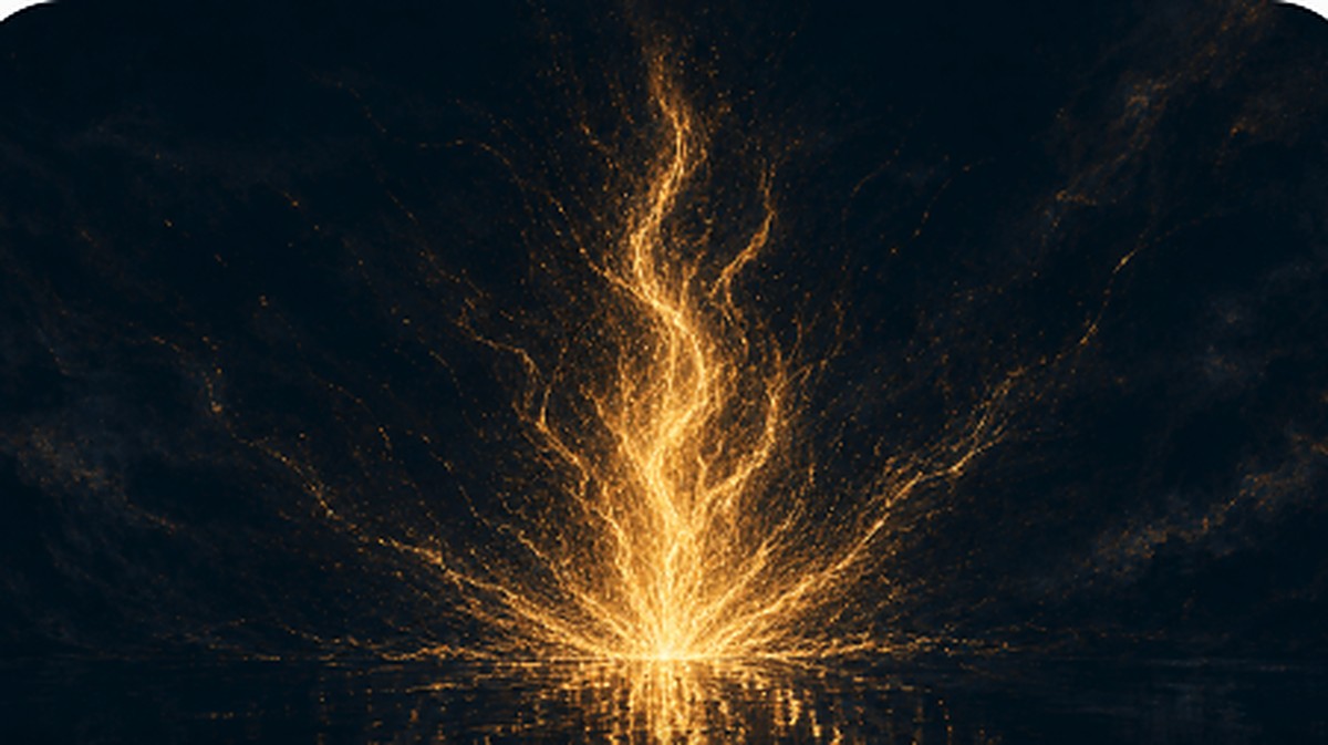 Abstract illustration of a single flame flaring up violently and doubling in size, its jagged reflection streaking down into dark still water