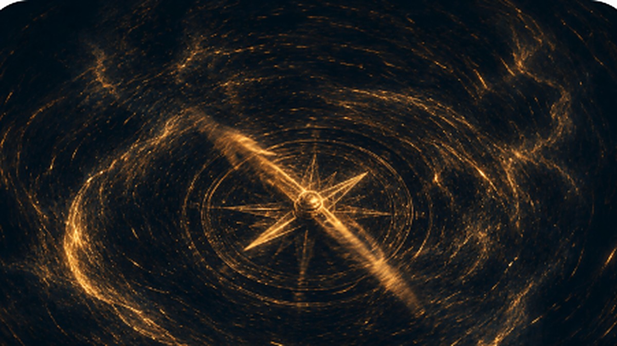 Abstract illustration of a brass compass needle made of gold light, spinning wildly and unable to settle on a direction, inside a swirling storm